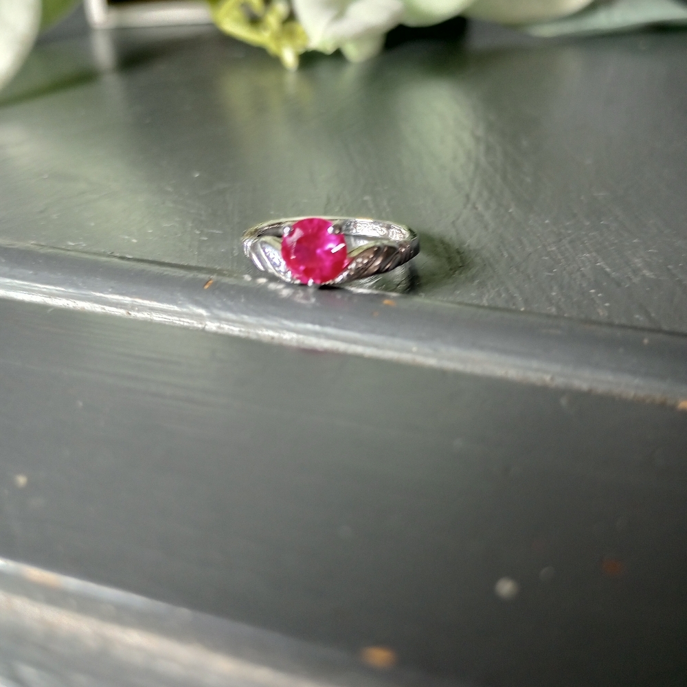 Sterling Silver Pink Sapphire With Crystal Stones Ring Size 7 925 Precious Metal